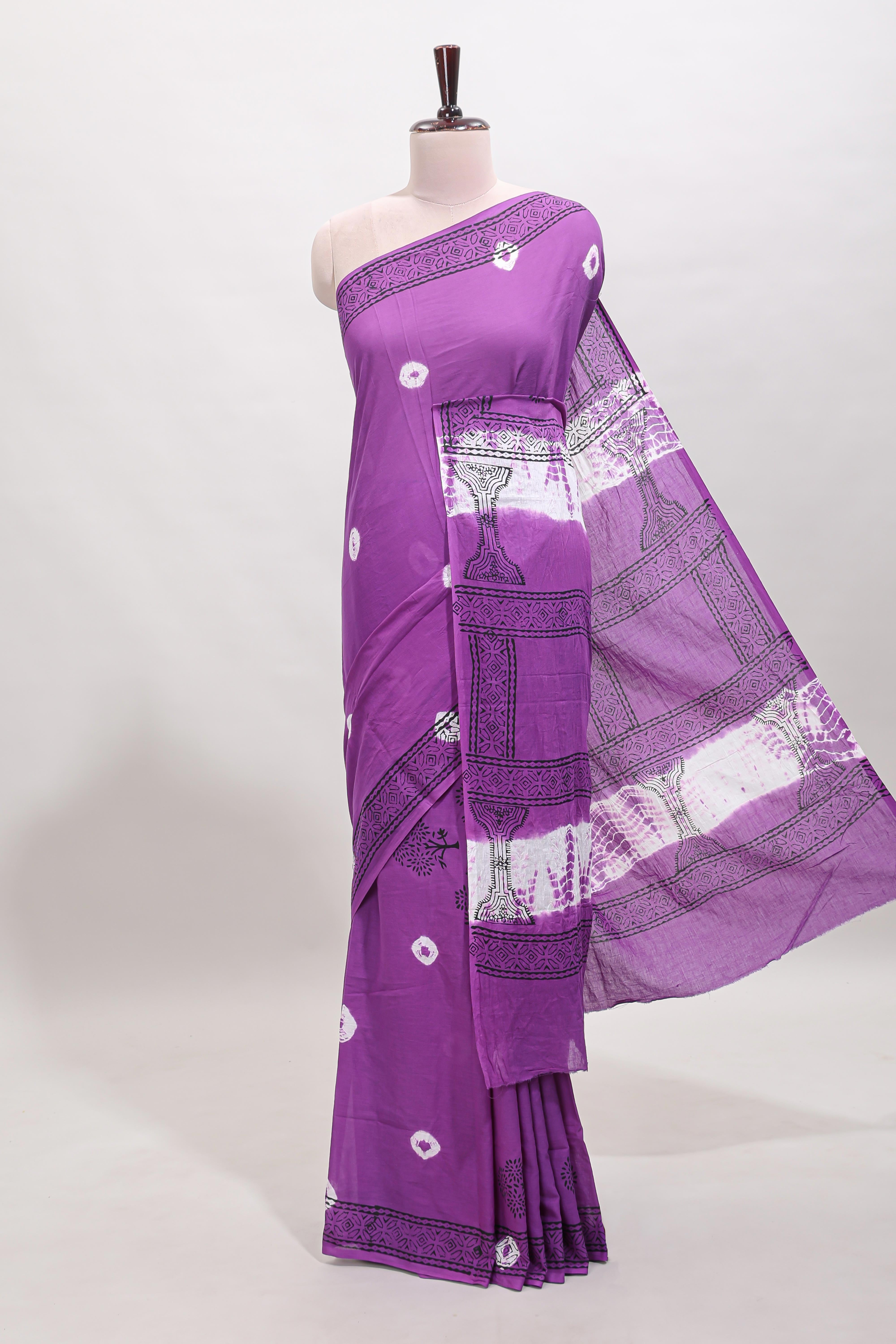 Lavender shibori printed mul mul cotton saree with self border and blouse