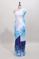 Borderless white and blue dual shade floral design mul mul cotton saree with matching blouse