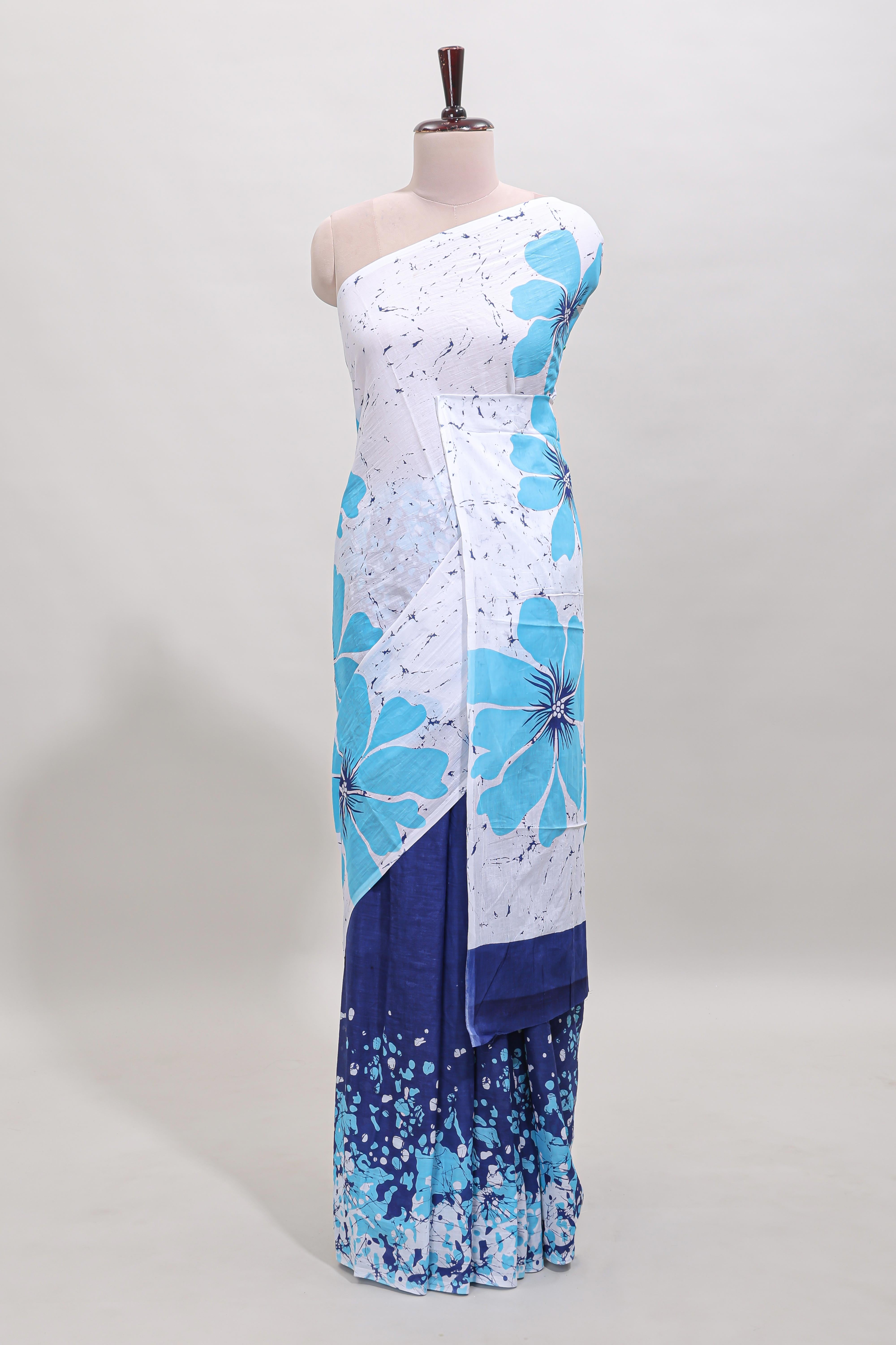 Borderless white and blue dual shade floral design mul mul cotton saree with matching blouse