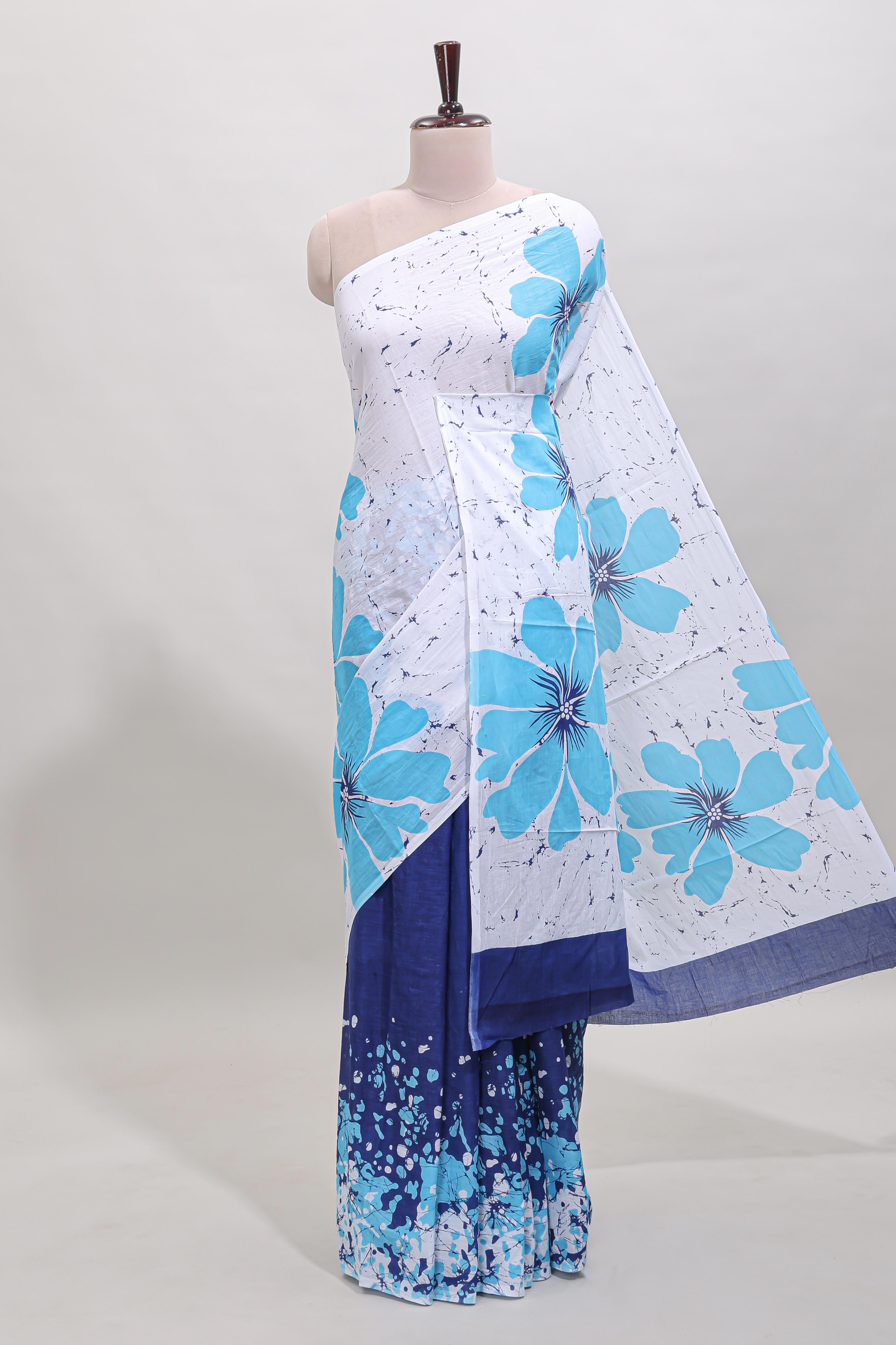 Borderless white and blue dual shade floral design mul mul cotton saree with matching blouse