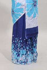 Borderless white and blue dual shade floral design mul mul cotton saree with matching blouse
