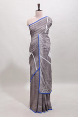 Grey geometric design mul mul cotton saree with scallop border and matching blouse