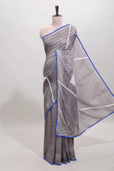 Grey geometric design mul mul cotton saree with scallop border and matching blouse