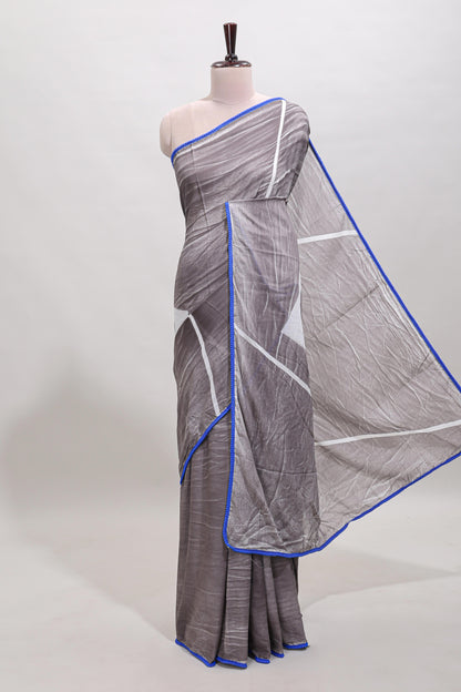 Grey geometric design mul mul cotton saree with scallop border and matching blouse