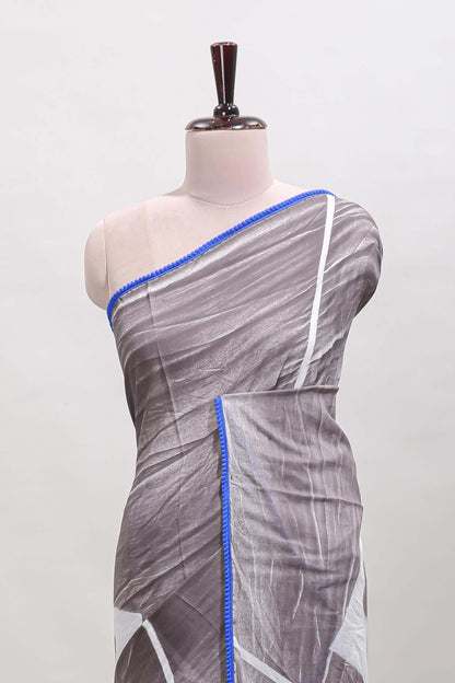 Grey geometric design mul mul cotton saree with scallop border and matching blouse