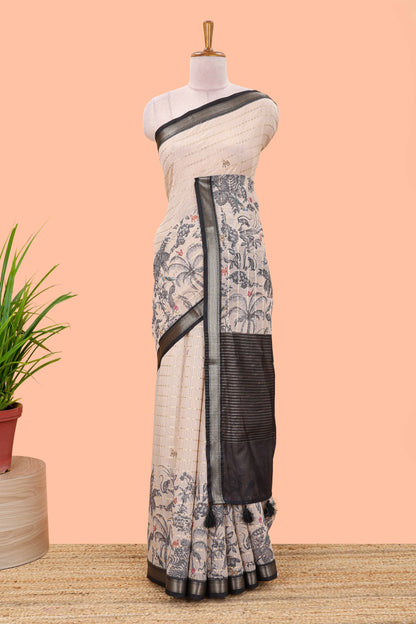 Sandal striped chanderi cotton saree with forest theme print and zari stripe pallu