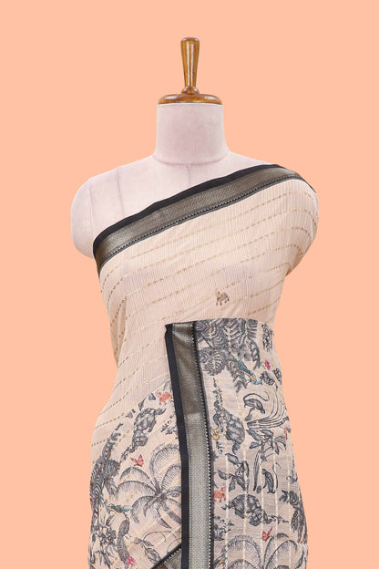 Sandal striped chanderi cotton saree with forest theme print and zari stripe pallu