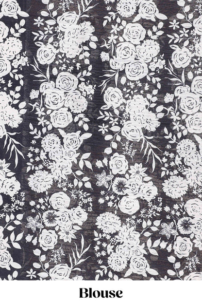 Blue linen cotton saree with all-over stripe print and black satin border with floral print pallu