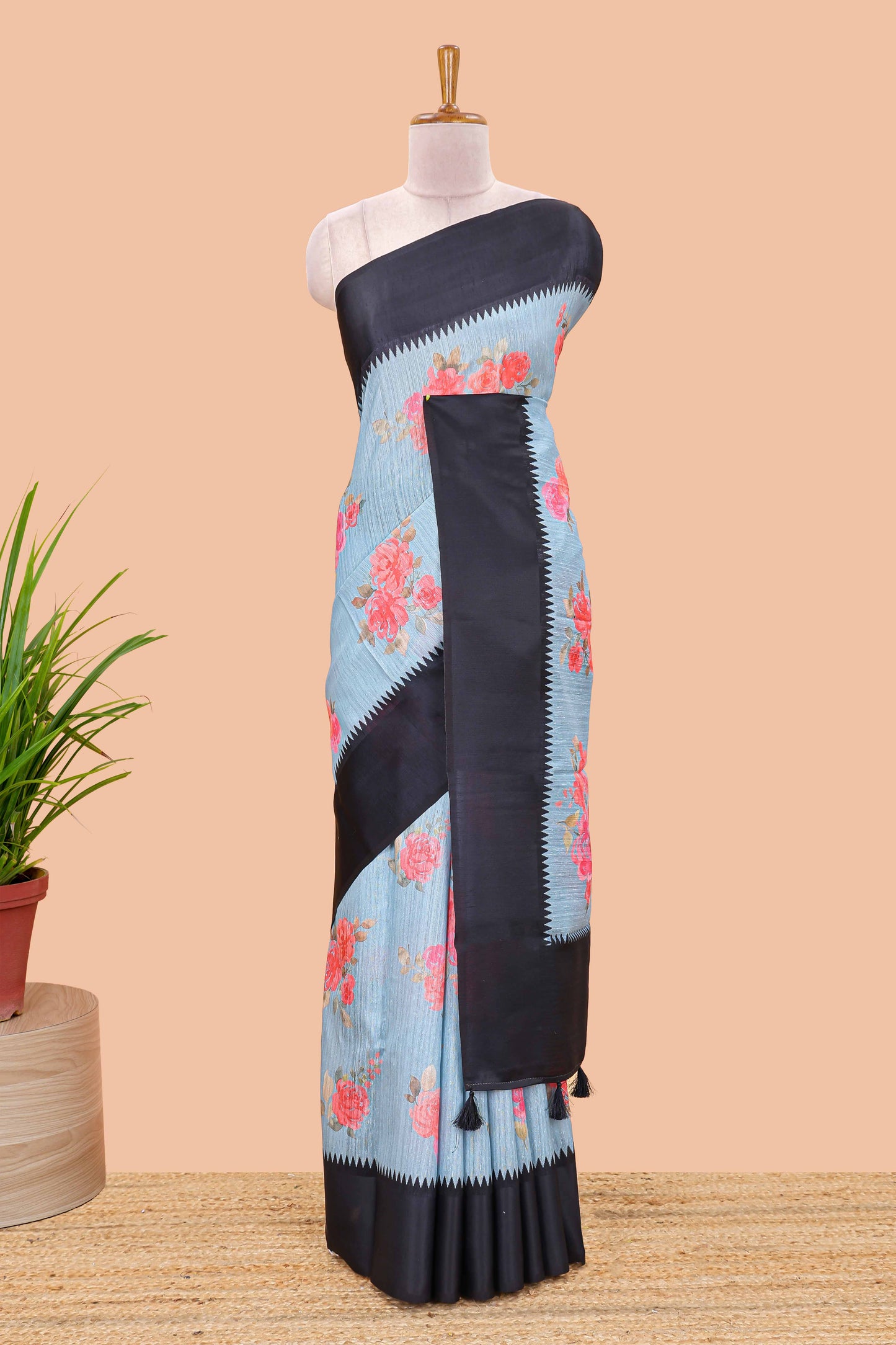 Blue linen cotton saree with floral digital print, contrast temple border and pallu