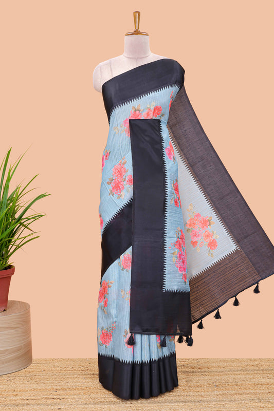 Blue linen cotton saree with floral digital print, contrast temple border and pallu
