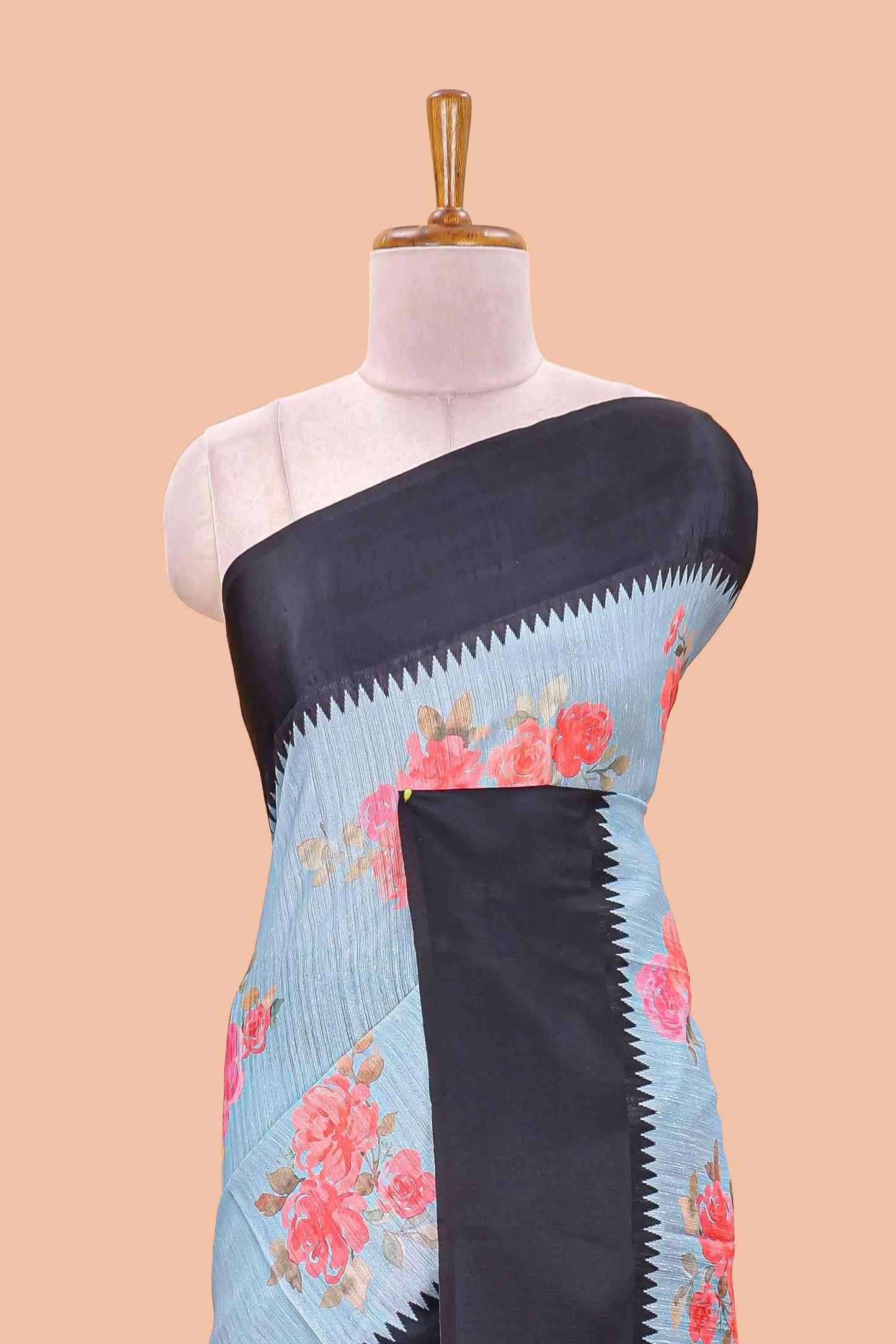 Blue linen cotton saree with floral digital print, contrast temple border and pallu