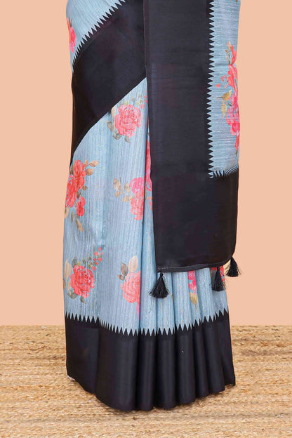 Blue linen cotton saree with floral digital print, contrast temple border and pallu