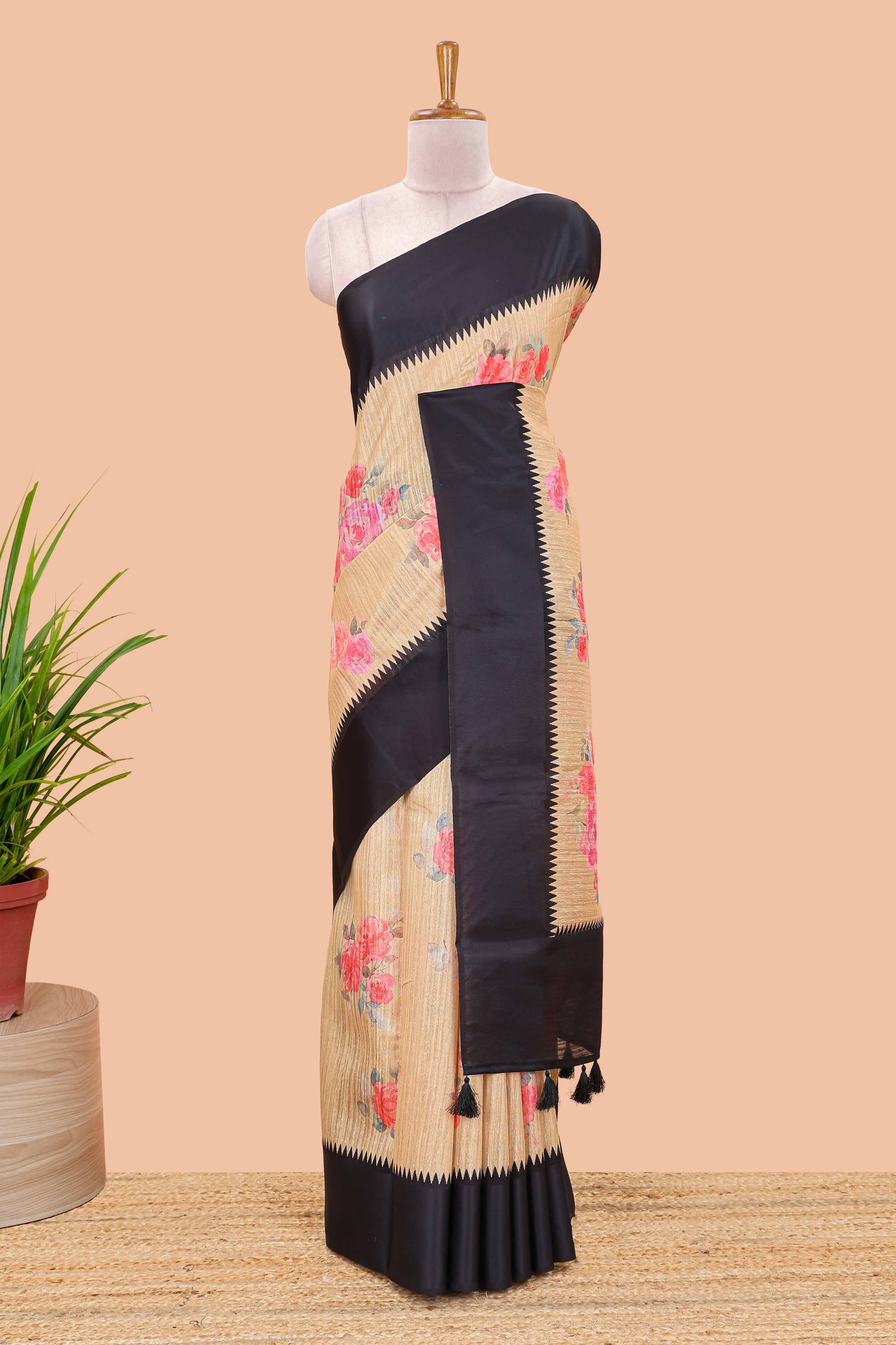 Mustard linen cotton saree with floral digital print, contrast temple border and pallu