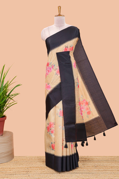 Mustard linen cotton saree with floral digital print, contrast temple border and pallu