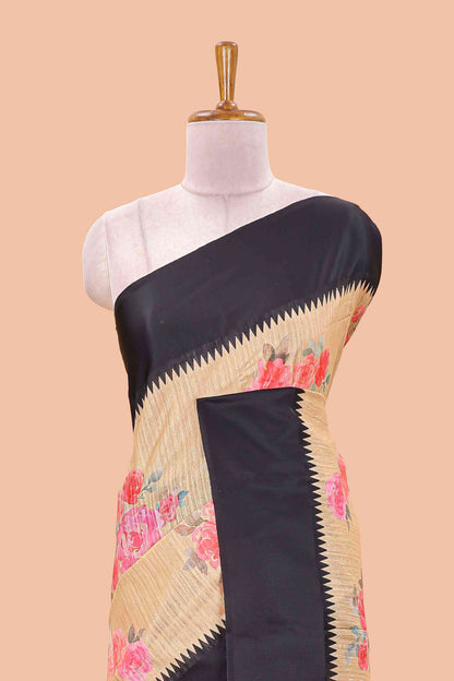 Mustard linen cotton saree with floral digital print, contrast temple border and pallu