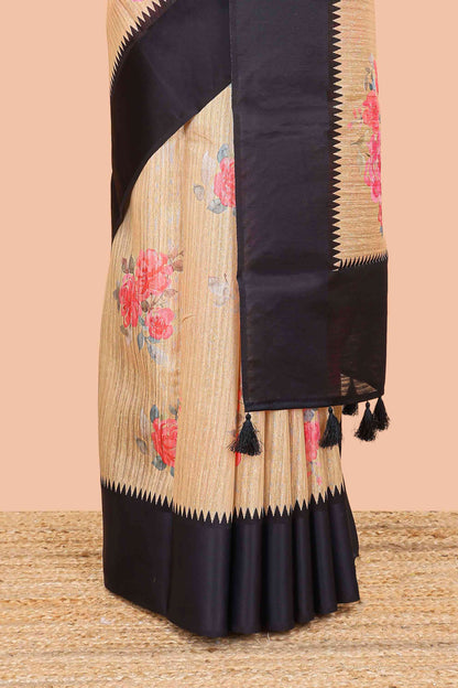 Mustard linen cotton saree with floral digital print, contrast temple border and pallu