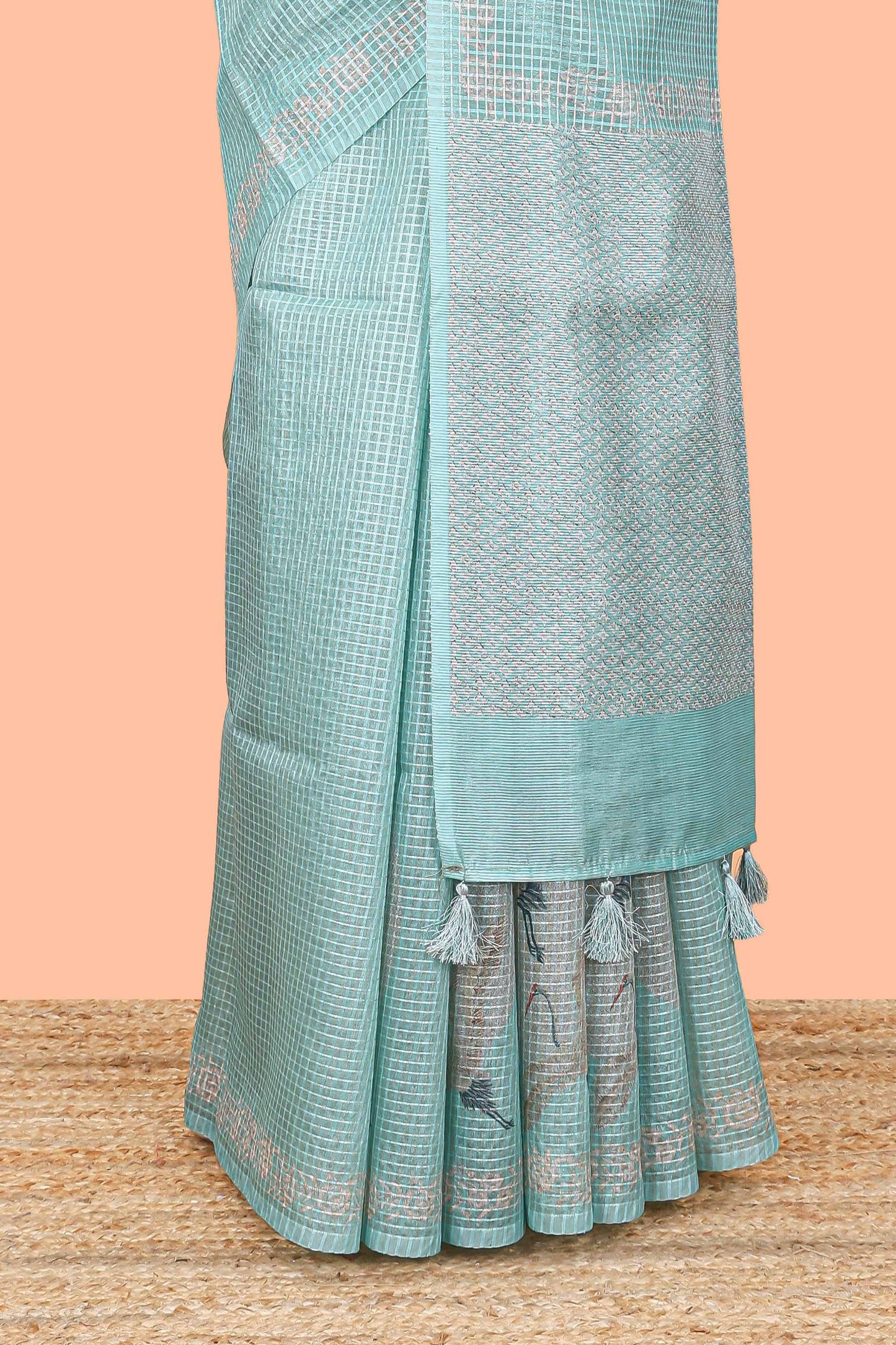 Green kota cotton saree featuring crane bird motif print and contrast pallu