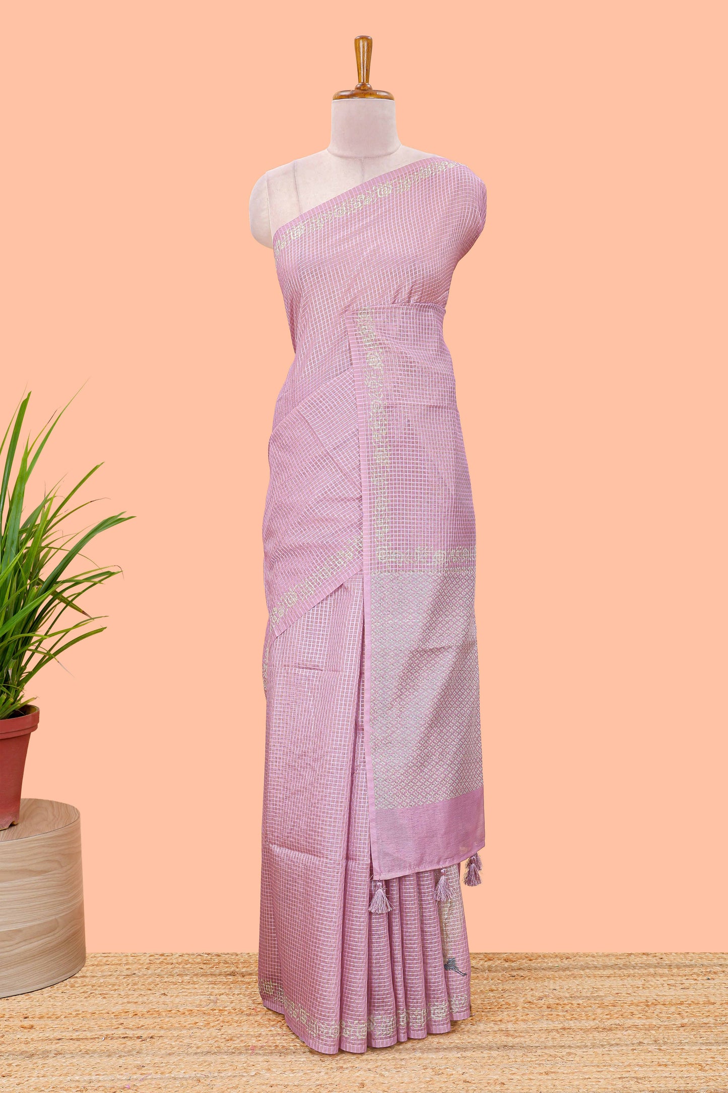 Pink kota cotton saree featuring crane bird motif print and contrast pallu