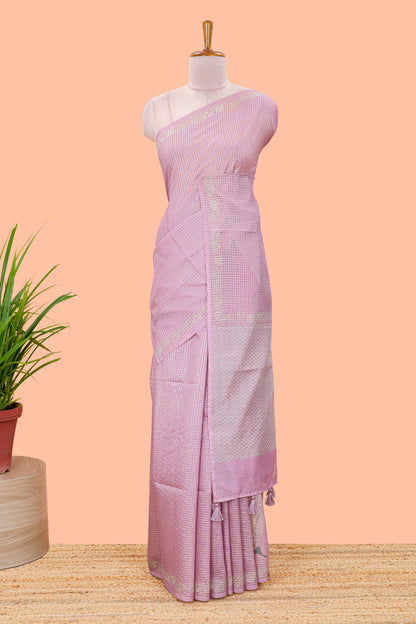 Pink kota cotton saree featuring crane bird motif print and contrast pallu