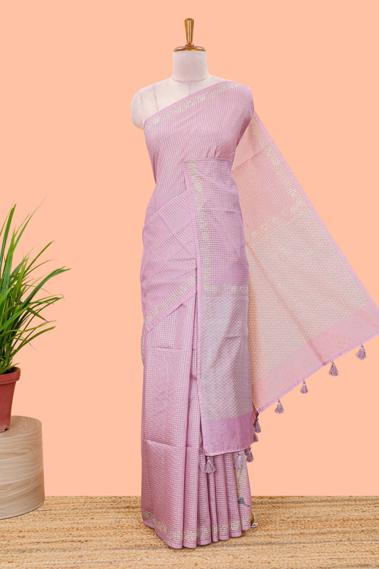 Pink kota cotton saree featuring crane bird motif print and contrast pallu