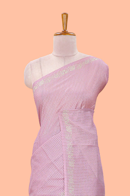 Pink kota cotton saree featuring crane bird motif print and contrast pallu