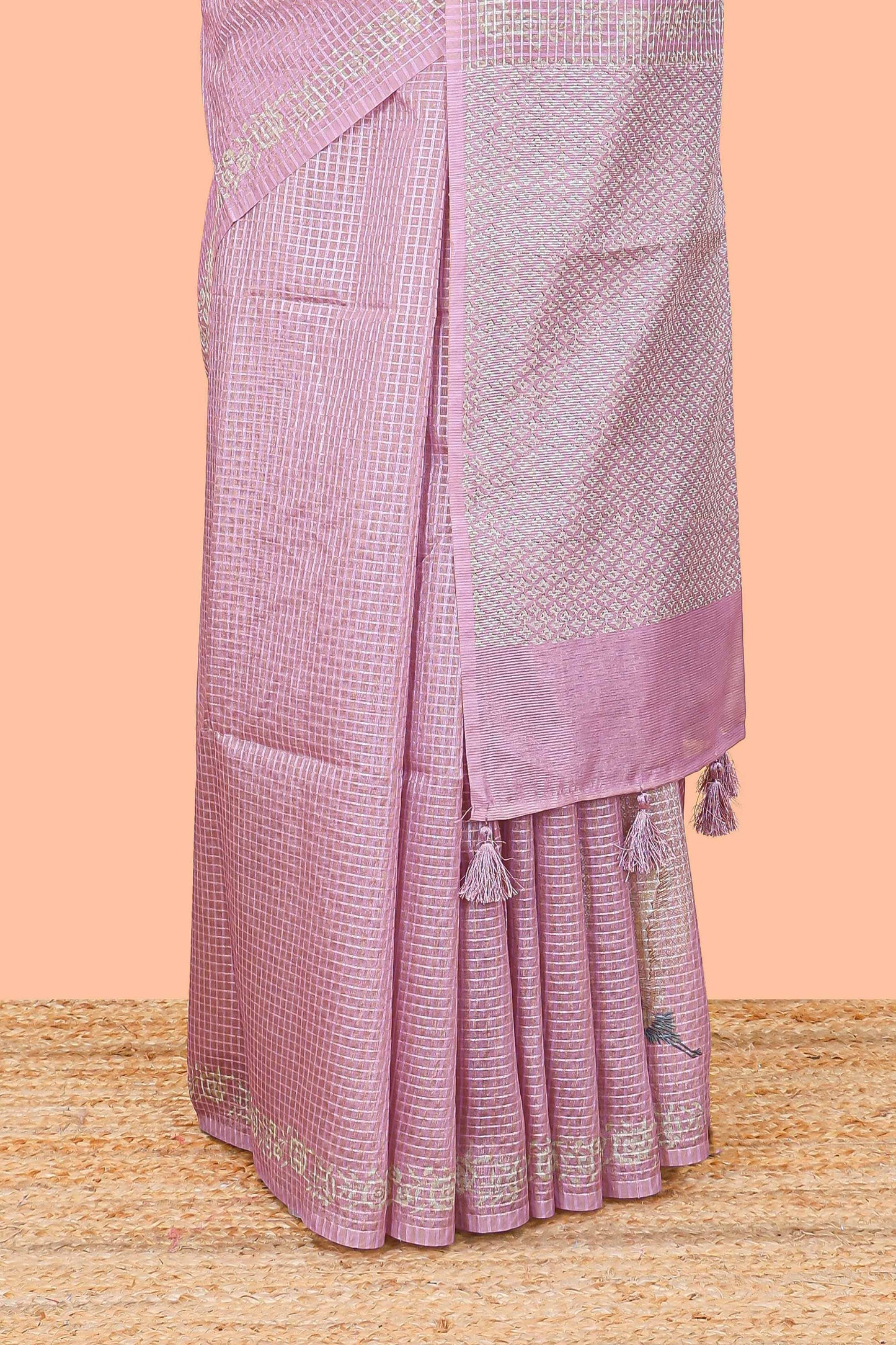 Pink kota cotton saree featuring crane bird motif print and contrast pallu