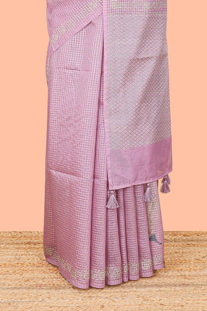 Pink kota cotton saree featuring crane bird motif print and contrast pallu