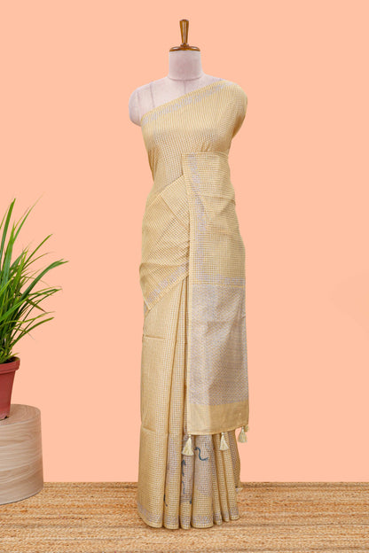 Mustard kota cotton saree featuring crane bird motif print and contrast pallu
