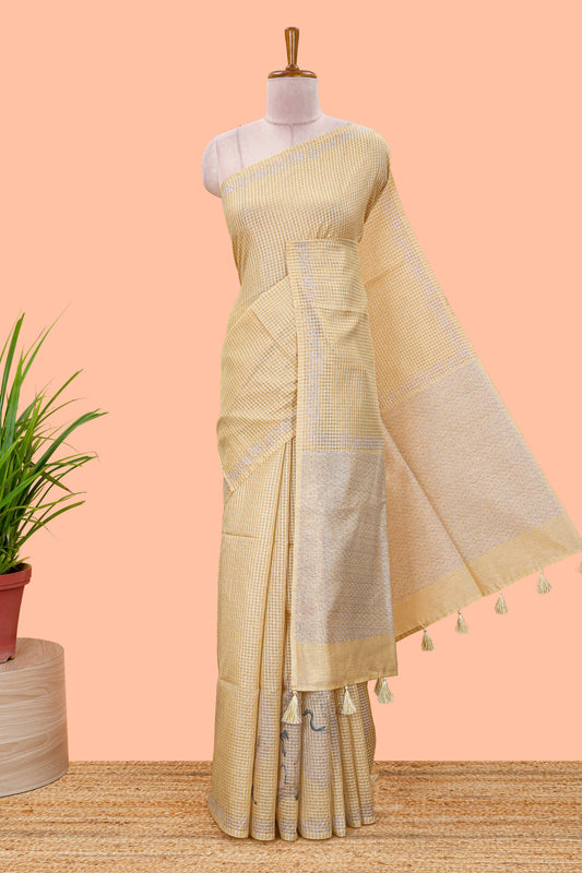 Mustard kota cotton saree featuring crane bird motif print and contrast pallu