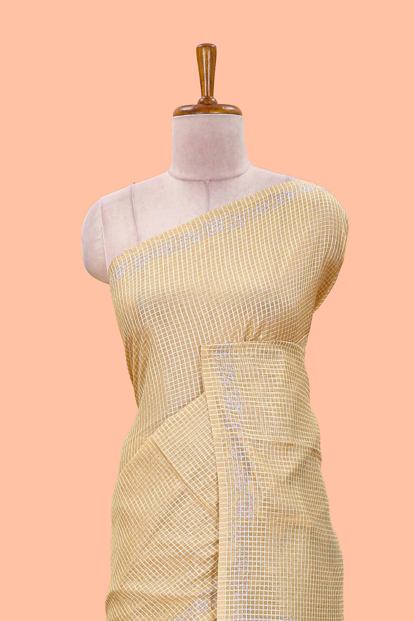 Mustard kota cotton saree featuring crane bird motif print and contrast pallu