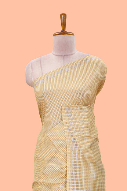 Mustard kota cotton saree featuring crane bird motif print and contrast pallu