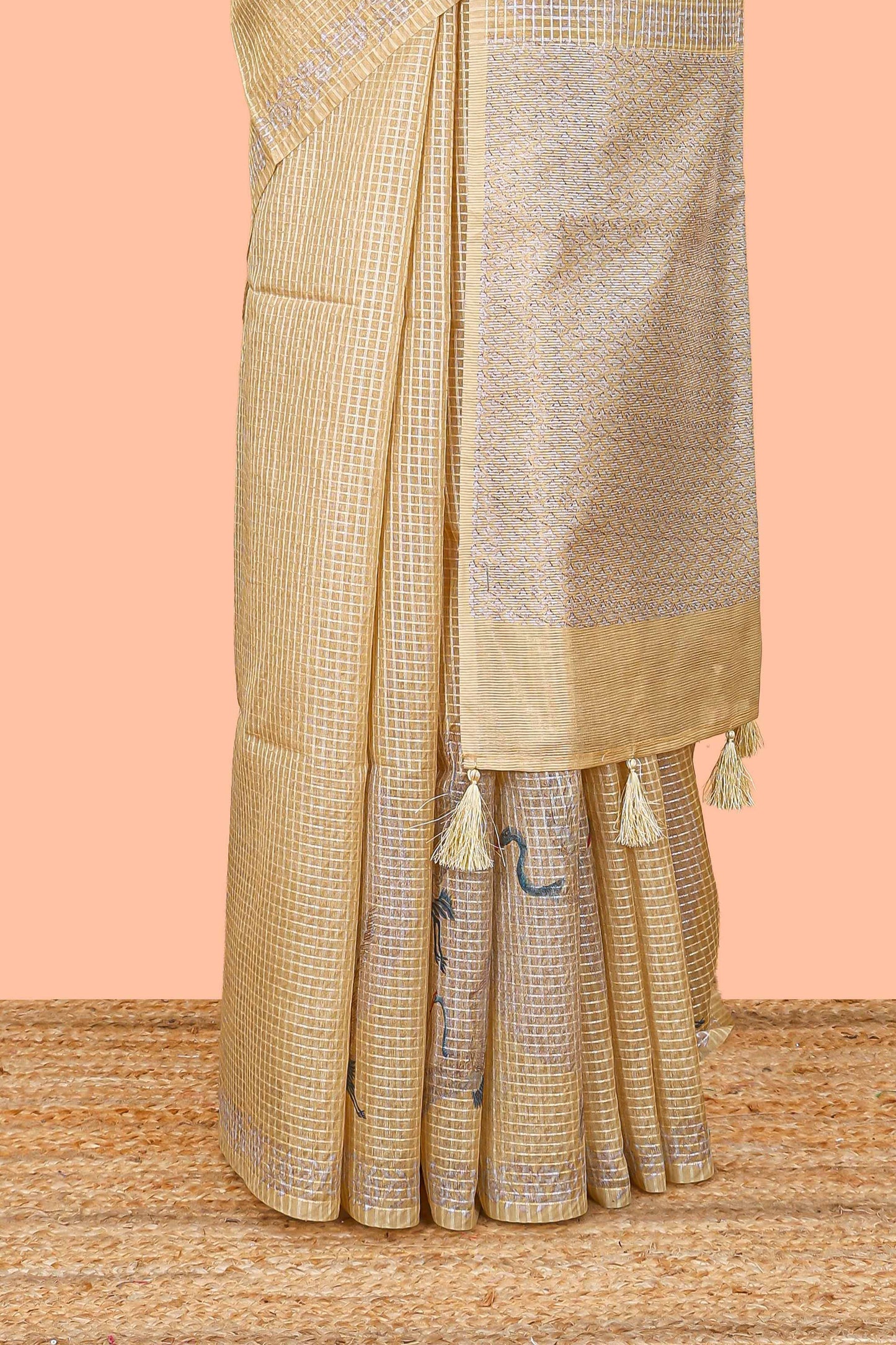 Mustard kota cotton saree featuring crane bird motif print and contrast pallu
