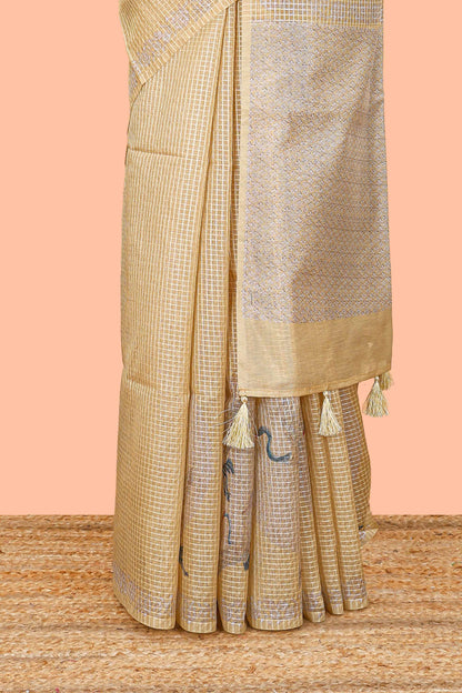 Mustard kota cotton saree featuring crane bird motif print and contrast pallu