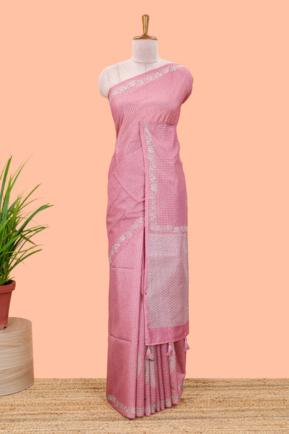Pink kota cotton saree featuring crane bird motif print and contrast pallu