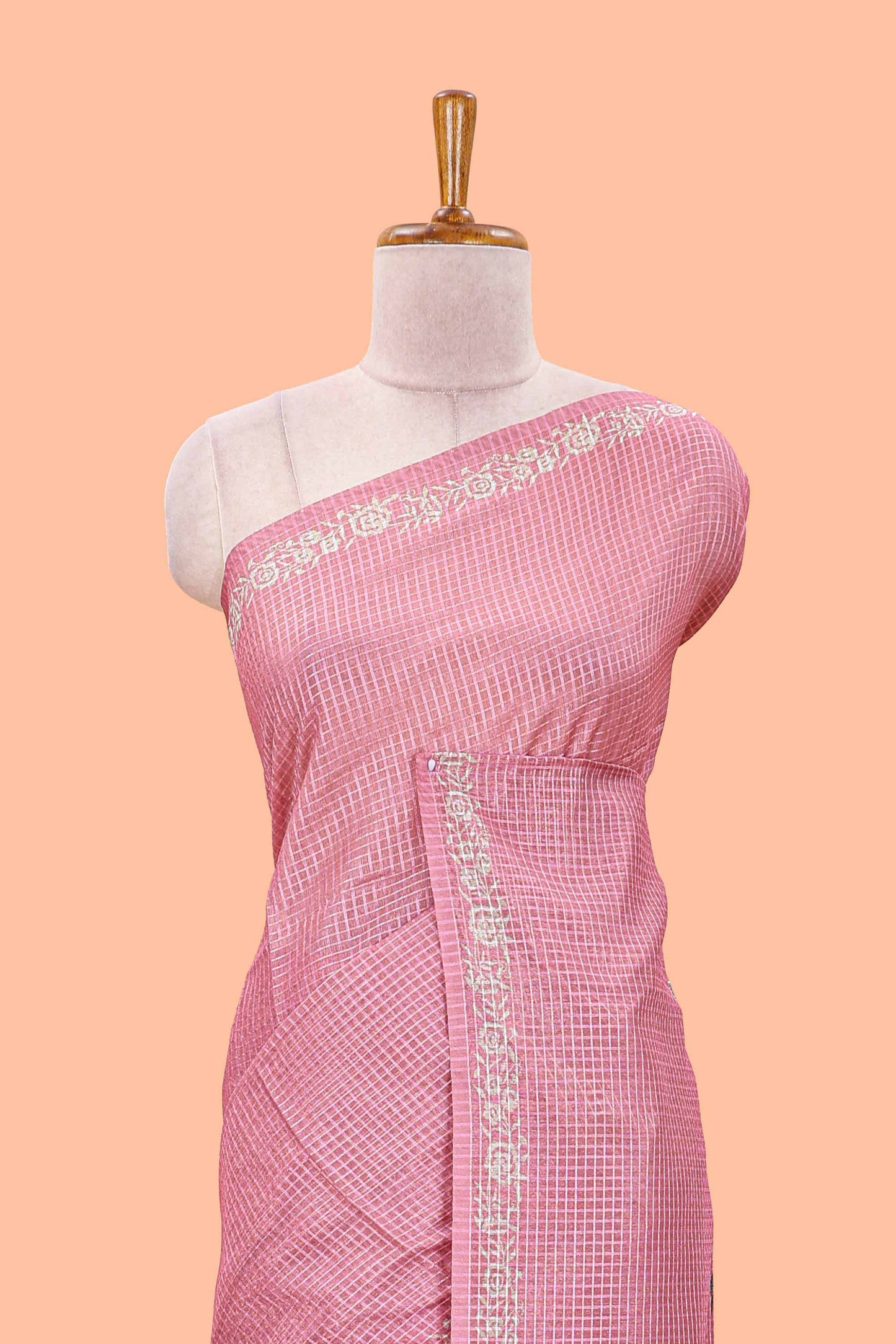 Pink kota cotton saree featuring crane bird motif print and contrast pallu