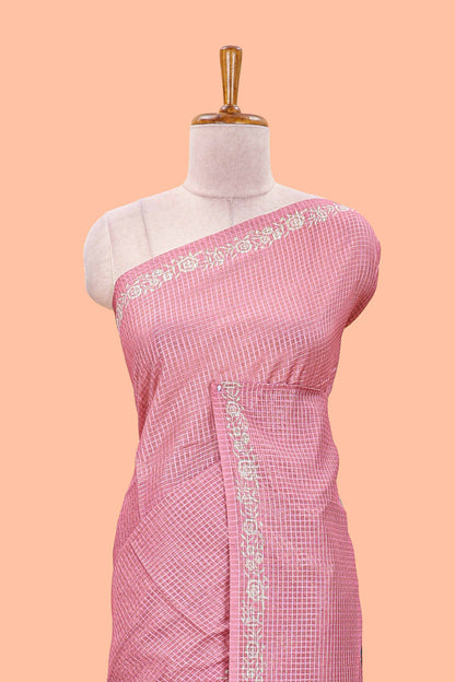 Pink kota cotton saree featuring crane bird motif print and contrast pallu