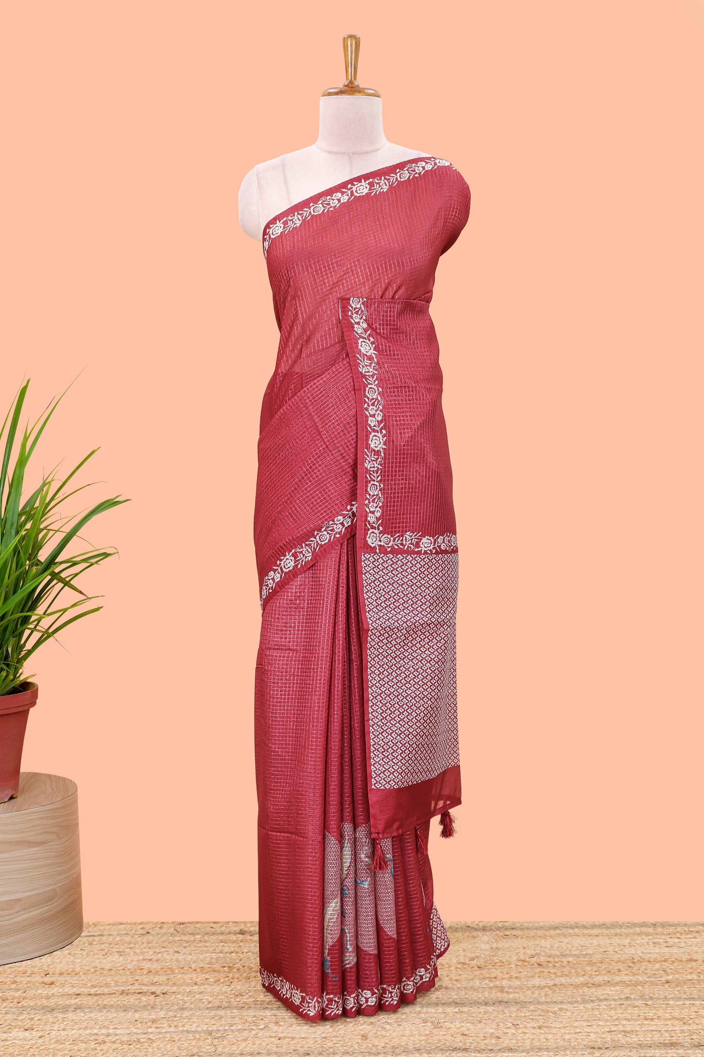 Red kota cotton saree featuring crane bird motif print and contrast pallu