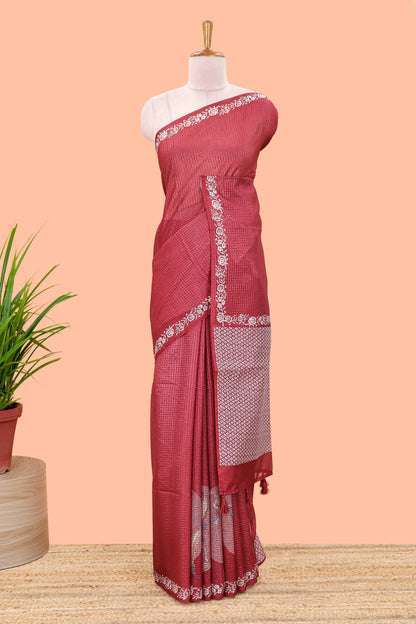 Red kota cotton saree featuring crane bird motif print and contrast pallu