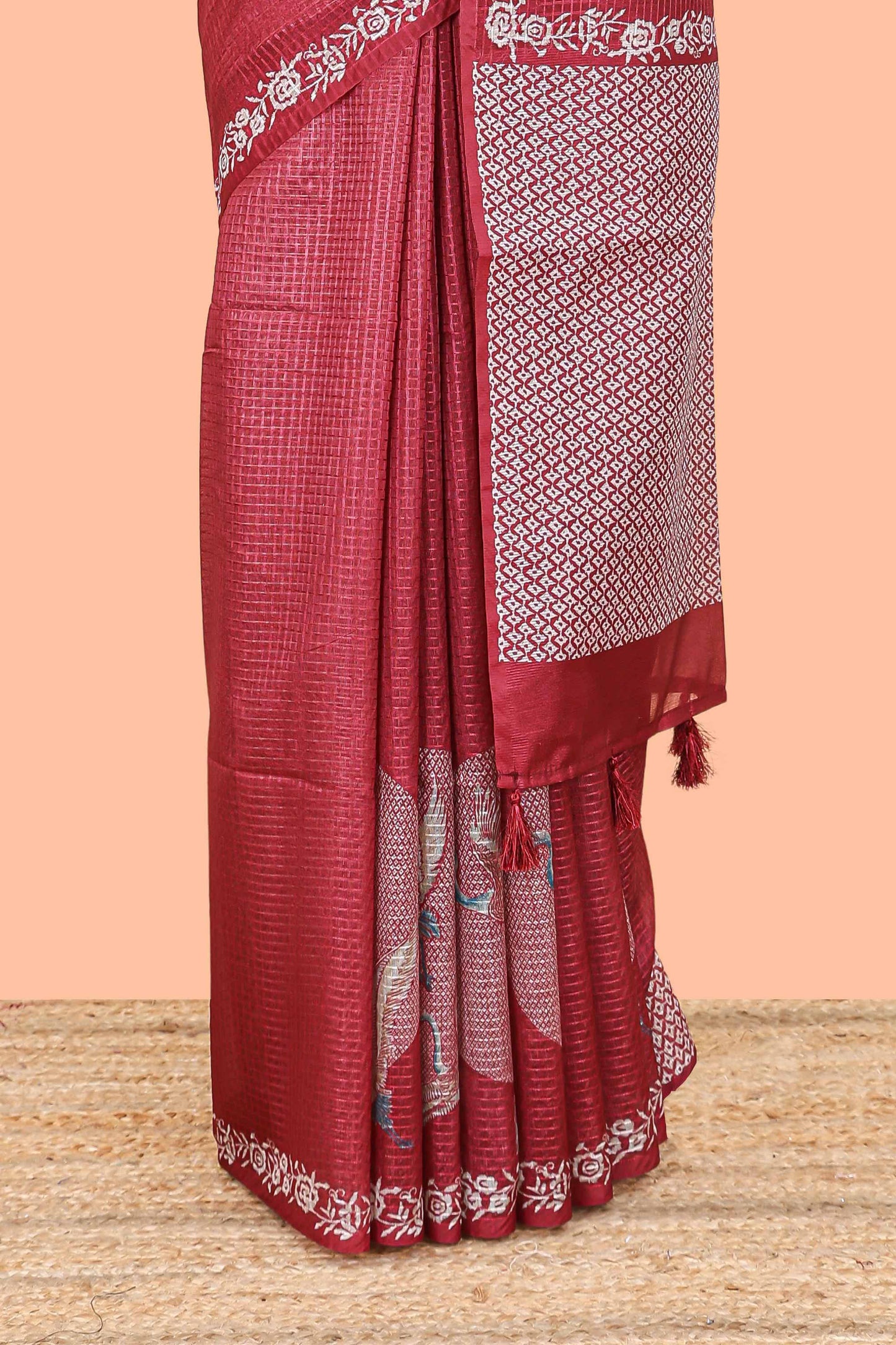 Red kota cotton saree featuring crane bird motif print and contrast pallu