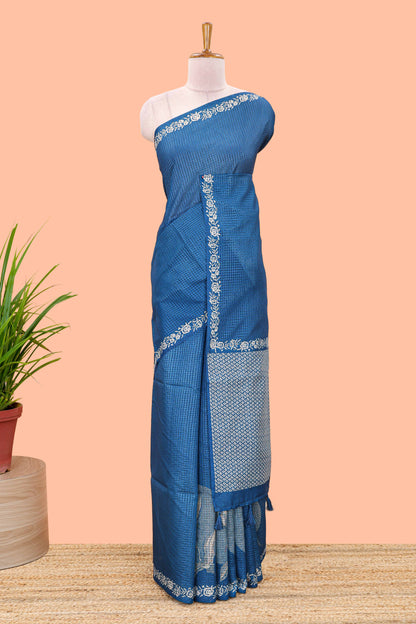 Blue kota cotton saree featuring crane bird motif print and contrast pallu