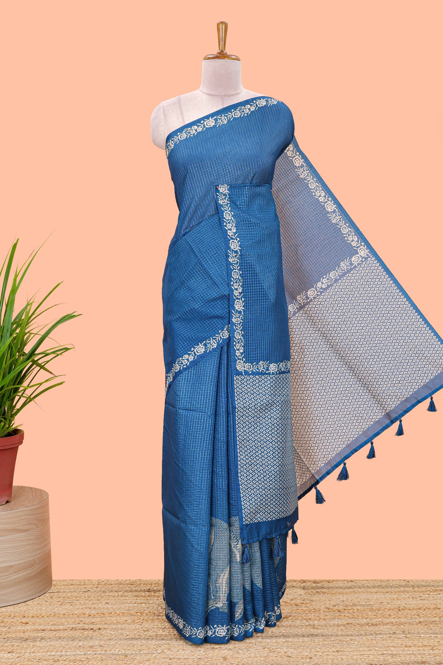 Blue kota cotton saree featuring crane bird motif print and contrast pallu