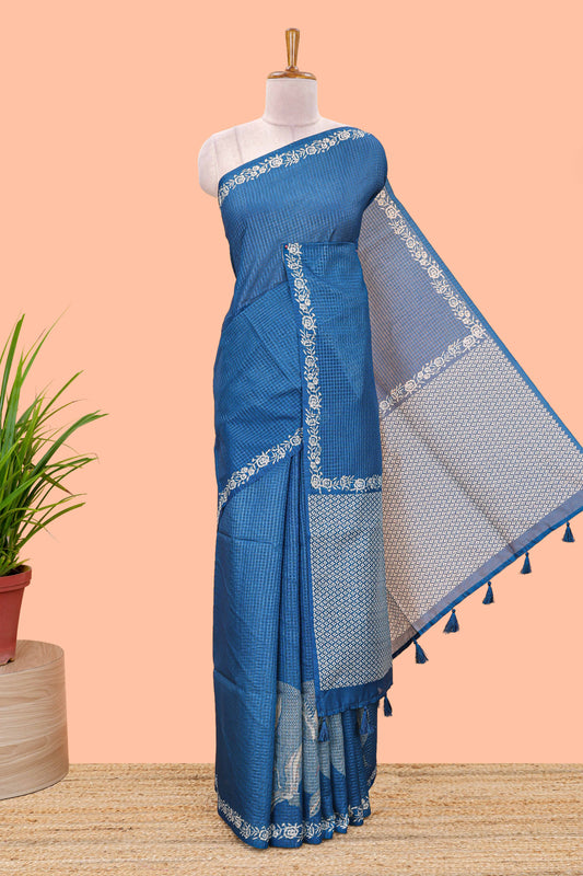 Blue kota cotton saree featuring crane bird motif print and contrast pallu