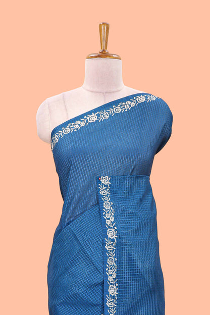 Blue kota cotton saree featuring crane bird motif print and contrast pallu