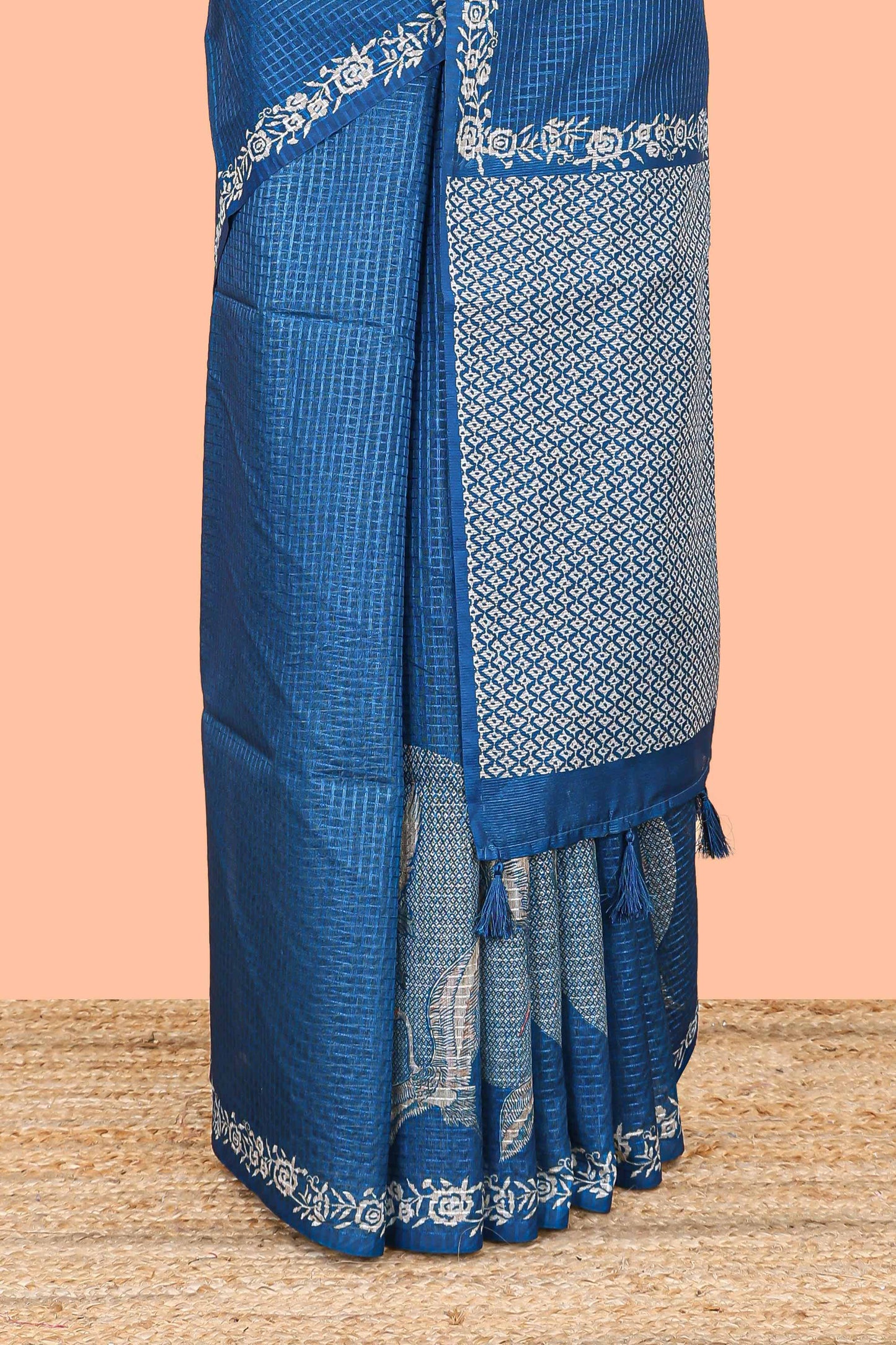 Blue kota cotton saree featuring crane bird motif print and contrast pallu