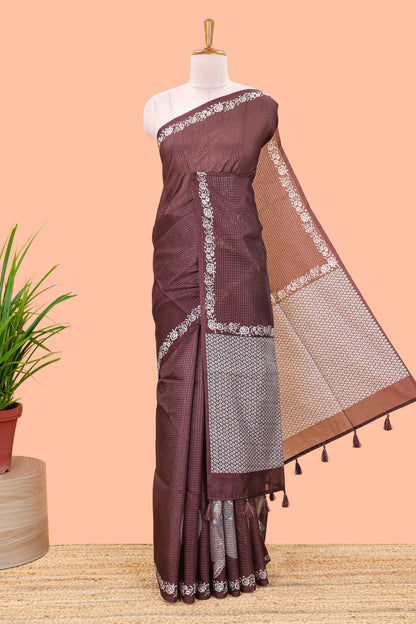 Brown kota cotton saree featuring crane bird motif print and contrast pallu