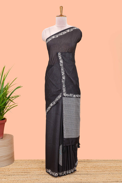 Black kota cotton saree featuring crane bird motif print and contrast pallu