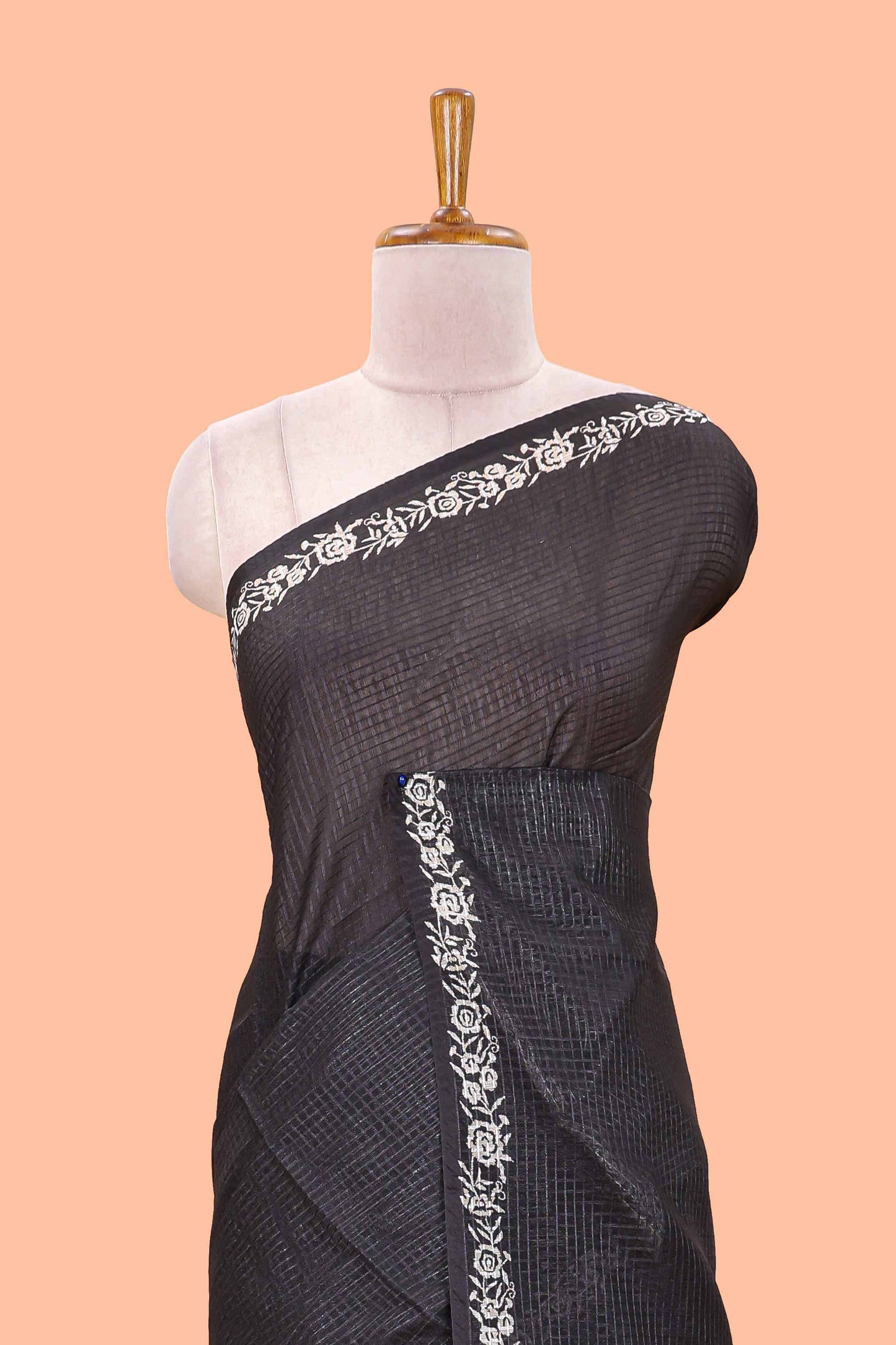 Black kota cotton saree featuring crane bird motif print and contrast pallu