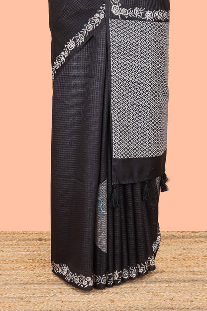 Black kota cotton saree featuring crane bird motif print and contrast pallu