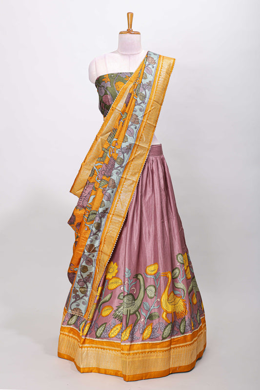 Purple dola silk birds and floral printed lehenga with contrast blouse and dhavani