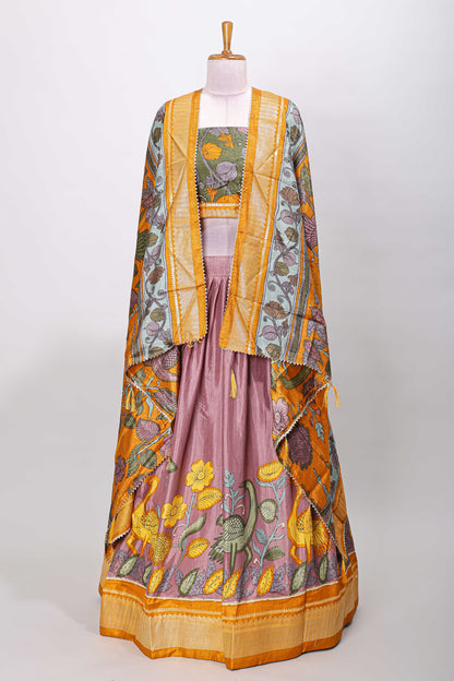 Purple dola silk birds and floral printed lehenga with contrast blouse and dhavani